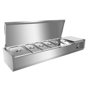 Comptoir de bar à salades avec couvercle rabattable en acier inoxydable, porte-condiments et 1 bac GN 6 pour bar à garnitures réfrigéré - Product Image 1