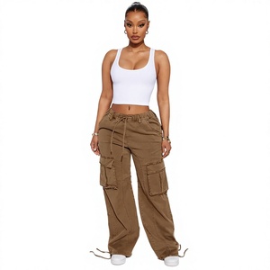 Women's <b>High</b> <b>Waist</b> <b>Cargo</b> Pants Solid Color Loose Fit Full Length With Pockets Drawstring Closure Canvas Material Casual Style - Product Image 1