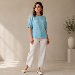 Camicetta da <span class=keywords><strong>donna</strong></span> con scollo a V e maniche a sbuffo, in tessuto testurizzato azzurro, top casual estivo alla moda con polsini arricciati - Product Image 2