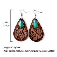 Pendientes de Cuero Estilo Western, Clásicos con Diseño de Leopardo, Cuero Vacuno, Turquesa y Madera, Pendientes Vintage para Mujer, Joyería de Moda