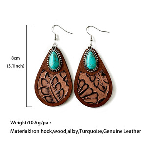 Orecchini in <span class=keywords><strong>Pelle</strong></span> Stile Western, Classici con Motivo Leopardato, Ciondoli in Turchese e Legno, Orecchini Vintage, Gioielli di Moda per Donne - Product Image 6