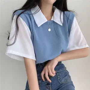 2024 Summer Women Polo Collar Fake Two-piece T-shirts Short Sleeve Ladies Loose Casual Pullover Tops Female Academy Style Tees