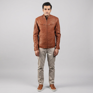 Chaqueta de Motero para Hombre, de Cuero Auténtico, Color Marrón Icónico, con Cierre de Cremallera, Forro de Lino, Estilo Urbano, Transpirable - Product Image 1