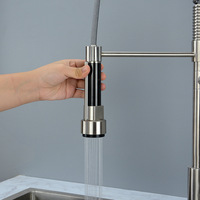 Robinet de cuisine contemporain chaud/froid en acier inoxydable 304 brossé avec douchette extractible flexible et cartouche céramique pour montage sur plan