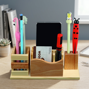 Organisateur de bureau en bois avec support pour téléphone et porte-stylo, design mignon, en bambou, fait main, cadeau de bureau - Product Image 2