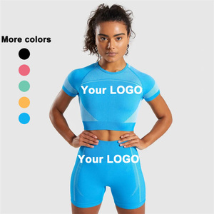 Ladies fashion short-sleeve workout clothes two pieces logo seamless yoga sports suit plain new set private Brand sets - Product Image 1