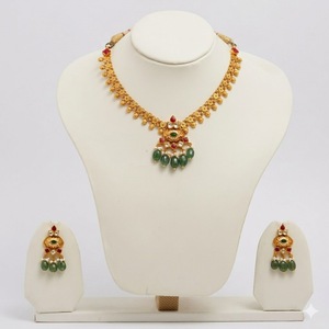 Traditional Gold Plated Necklace <b>Set</b> with Green <b>Beads</b> and Kundan Design for Wedding Bridal Party Wear Jewelry - Product Image 1