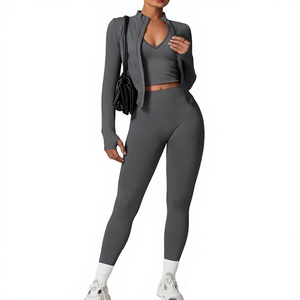 Conjunto Deportivo de Dos Piezas para Mujer, Color Gris, Top con Cremallera de Manga Larga, Leggings de Cintura Alta, Color Sólido, Tejido de Punto, Spandex, Poliéster, Ajuste Deportivo - Product Image 2