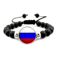 Bracelets en gros avec logo personnalisé, perles noires en verre, carte du monde, drapeau de la compétition de football, avec breloques pour hommes