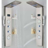Panneau de douche intelligent avec ensemble de douche intégré, pommeau de douche multifonction, sortie d'eau LED, fixation murale, design moderne, finition brossée effet pluie