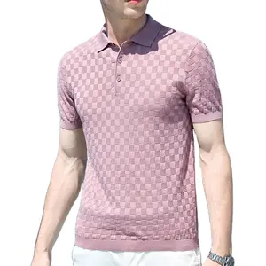 Summer Business Casual Short Sleeve Checker Knit Men's Polo Shirt