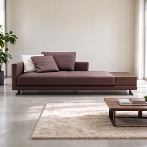 Canapé en cuir avec incrustations en bois, sectionnel en L, chaise longue, coussins de dossier amovibles, pieds métalliques fins, 2-3 places, moderne, pour salon, hôtel, villa - Product Image 1