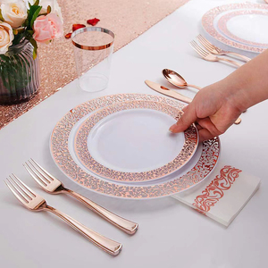 175 pièces assiette jetable or/rose/argent tampon à chaud ensemble de vaisselle en plastique 25 ensembles avec marbre - Product Image 1