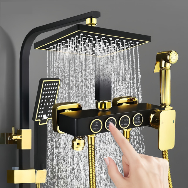 Complete Led Wall Luxury Brass Rose Gold Piano Digital Wall Mounted Thermostatic Shower Set Bathroom