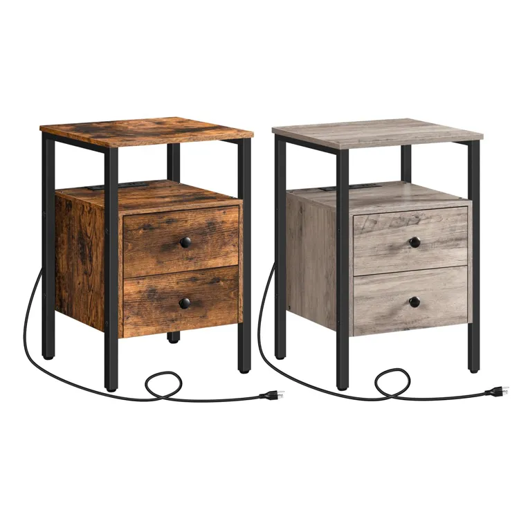 Wholesale Industrial Style Nightstand with 2 Drawer Square Bedroom Table End Table with Charging Station 431BZ