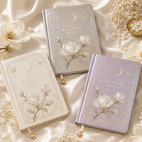 Carnet LABON personnalisé gris perle Magnolia Moon Journal, couverture rigide en cuir avec feuille d'or céleste, esthétique, à grille pointillée, cadeau