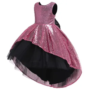 النمط الأوروبي الذيل فستان الزفاف للأطفال القوس الكبير مساء اللباس للحزب الوردي الأزياء 8 سنوات بنات فساتين