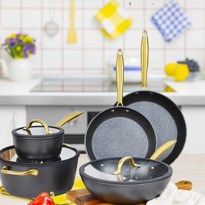 Ensemble de casseroles et poêles en aluminium de luxe blanc antiadhésif avec poignées dorées, vente en gros, best-seller - Product Image 3