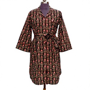 Robe midi en coton à imprimé floral avec ceinture, col rabattu, manches trois quarts, coupe ample, tenue décontractée pour le printemps - Product Image 1