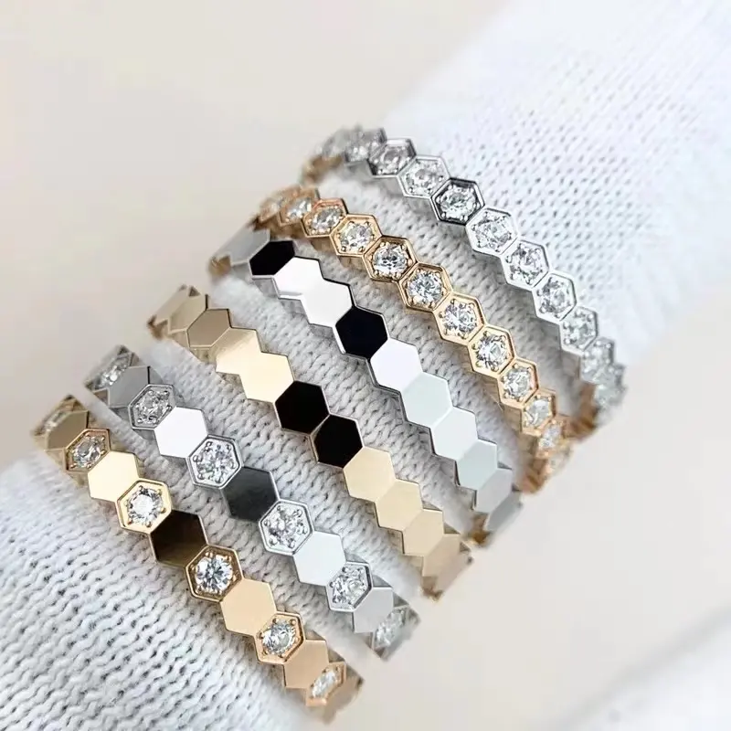 18K rose gold Rings Stainless Steel 316L Rings f-or W-omen Slim Stacking honeycomb Rings We-dding lux-ury jew-elry no box