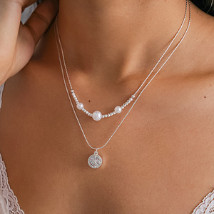 Collier double couche en acier inoxydable plaqué argent pour femme avec pendentif imitation perle et zircone pour mariage et usage quotidien - Product Image 1