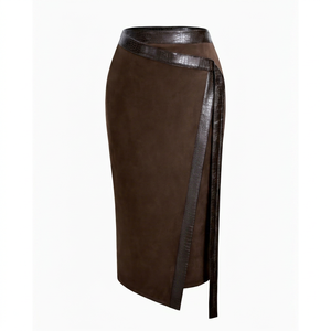 Jupe marron taille haute pour femme avec bordure en similicuir et fente latérale, longueur genou, design uni, style toutes saisons - Product Image 1