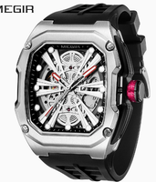 Reloj Mecánico Automático MEGIR 8607 Oficial para Hombre, Diseño Tonneau, Doble Esqueleto, Resistente al Agua, Reloj Masculino Moderno