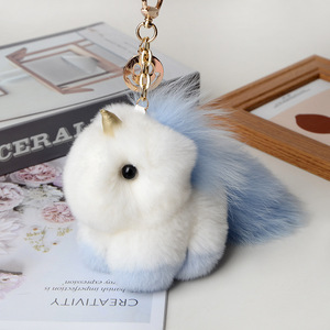 Lujo Real Rex piel <span class=keywords><strong>de</strong></span> conejo unicornio juguetes llaveros felpa Pony colgante bolsa coche llavero mujeres señoras llaveros muñeca regalo <span class=keywords><strong>de</strong></span> cumpleaños - Product Image 3