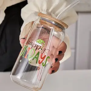 16oz 20oz snowglobe cup Soda bia đôi tường tuyết toàn cầu thủy tinh có thể với nắp tre và rơm