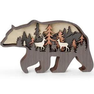 Wood Bear 3D Wooden Hollow Animal Light Tabletop LED Wooden Animal