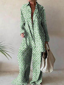 Женский комплект из 2 предметов, S-5XL топ с длинными рукавами и пуговицами, V-образным вырезом, воротником с лацканами, длинные брюки, свободная длинная рубашка для отпуска, Повседневная - Product Image 6