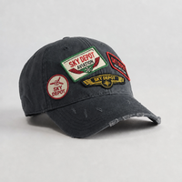 Topi Baseball Distressed Polos Bordir Tema Penerbangan, Pinggiran Sobek, Custom, Grosir, 5-6 Panel, Snapback