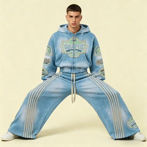 Custom Applique Patched Embroidered Two Piece <b>Sets</b> Acid Washed French Terry Double Waist <b>Sweatpants</b> and Zip up Hoodie <b>Sets</b> - Product Image 2