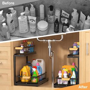 Organisateur de tiroir coulissant en métal à 2 niveaux pour cuisine, salle de bain ou armoire de garde-manger, étagère de <span class=keywords><strong>rangement</strong></span> extractible sous l'évier - Product Image 5