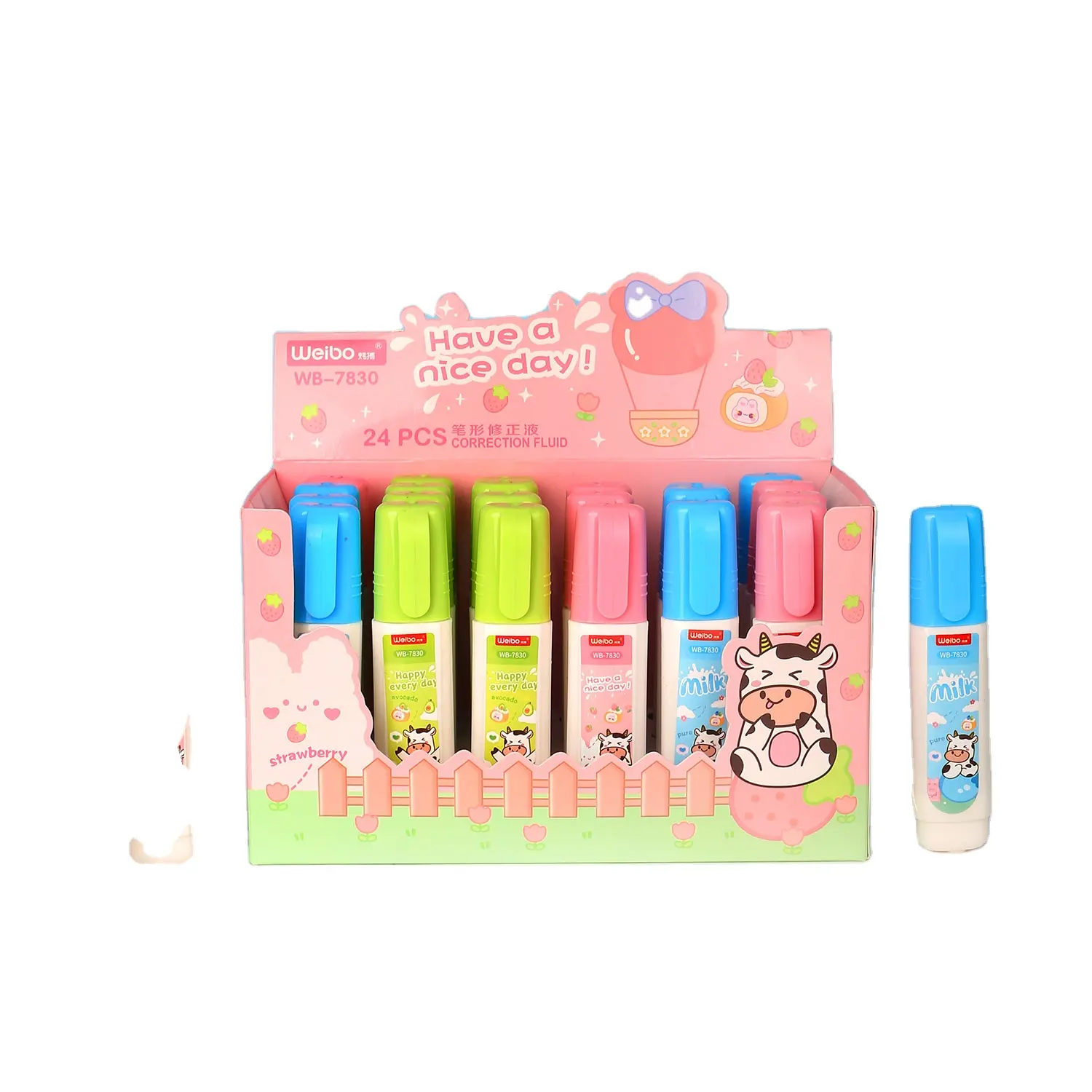 Venta al por mayor kawaii vaca de secado rápido mini pluma de corrección líquido de corrección para estudiante papelería de oficina