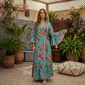 <b>Boho</b> Maxi <b>Dress</b> V-Neck Lantern Sleeve Tropical Print Silk Loose Fit <b>Summer</b> Wrap <b>Dress</b> Women Casual Wear - Product Image 1