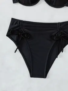 Solid Black Underwire Bikini Set For Plus Size Woman 2 Pieces Classic Swimsuit Shoulder Straps