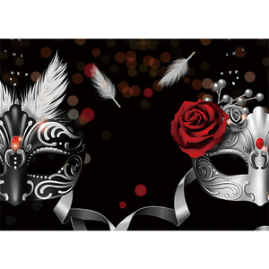 خلفية تصوير بتصميم وردة حمراء وريش أسود وفضي، قناع تنكري، خلفية لحفلات التخرج، زينة حفلات، لافتة قابلة للتخصيص - Product Image 1