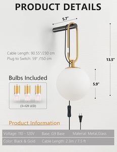 Simid Set bohlam lampu dinding G9, lampu dinding bohlam G9 Modern 2.3M berkabel 2 hitam emas akhir kaca gantung untuk kamar tidur samping tempat tidur - Product Image 3