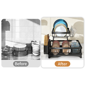 ชั้นวางจานสองชั้นขนาดใหญ่ สีดำ พร้อมที่ใส่ช้อนส้อม - Product Image 4