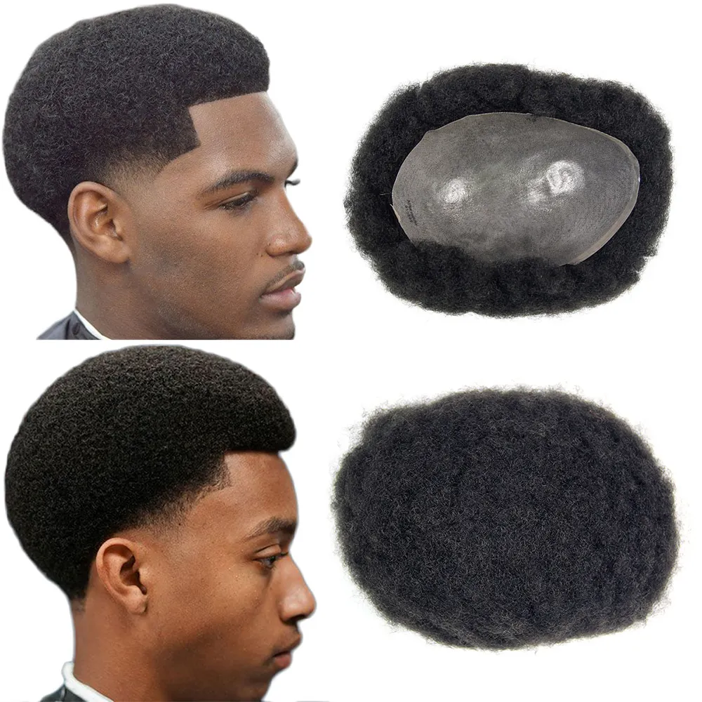 360織りフルpu薄い肌の男性のカツラ、男性のためのバージン髪アフロカツラ髪