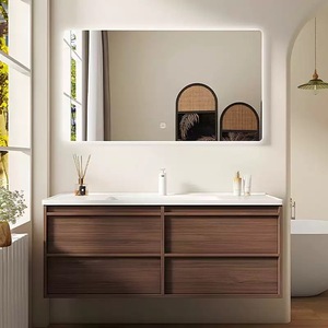 <b>Black</b> walnut wood simple Chinese seamless ceramic integrated basin multifunctional mirror storage bathroom cabinet - Product Image 2