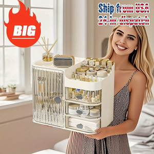 [US Stock] 3 <b>Drawer</b> <b>Makeup</b> Organizer with Mirror No Assembly Plastic Cosmetic Storage Cabinet Countertop Bathroom Vanity Storage - Product Image 1