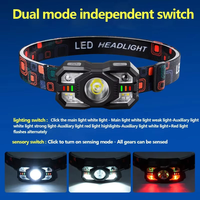 Lampe frontale à détecteur de mouvement avec affichage de la puissance, USB Type C, 5 modes, lumière blanche et rouge, légère, pour le camping, la course à pied, la randonnée, la pêche