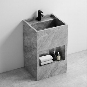 Meuble-lavabo mural CR pour salle de bain, 100 cm, gris, avec vasque en pierre et miroir LED - Product Image 2