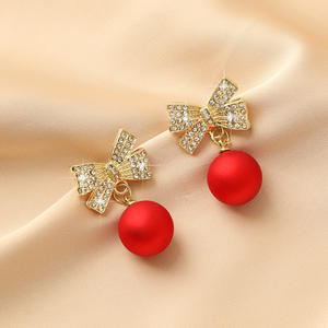 S925 <b>Silver</b> Needle Red <b>Pearl</b> Diamond Stud <b>Earrings</b> with Design Christmas European American Style Unisex Gift Alloy Wholesale - Product Image 2