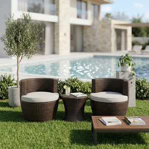 Ensemble de salle à manger de jardin en rotin méditerranéen moderne 2 places, résistant aux intempéries, mobilier d'extérieur pour appartement, entrée, cour, patio, hôtel - Product Image 1