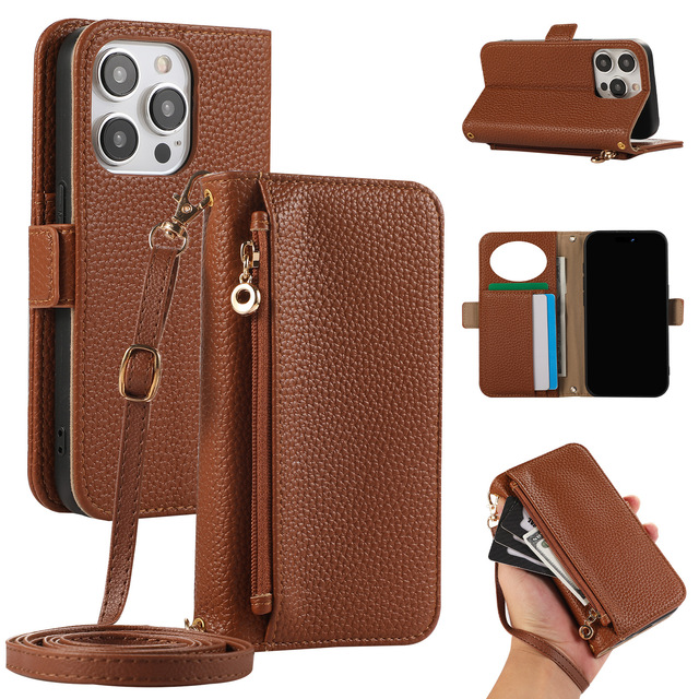 Luxury Lychee Pattern Zipper Sling Lanyard Cosmetic Mirror Flip Wallet Insert PU Phone Case for iPhone 17 16 15