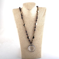 Collier noué pour femme en pierres naturelles (Pic Jasper, Hématite) et perles de cristal, avec pendentif rond 'Soldier Disco'