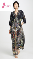 GIMILY oem robes personnalisées femmes dame élégante Ladies Print Front Crystal Embellishment dress Kimona Sleeves V Neck Maxi Dress
